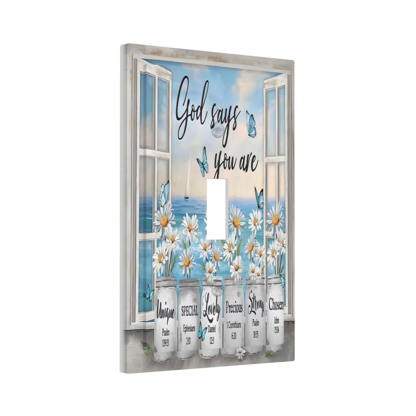 White Daisy Flowers in Vase Single Toggle Light Switch Cover Decorative Christian Inspirational Window 1 Gang Wall Plate Blue Sea Butterfly Floral Electrical Switchplate Faceplate for Bathroom Decor