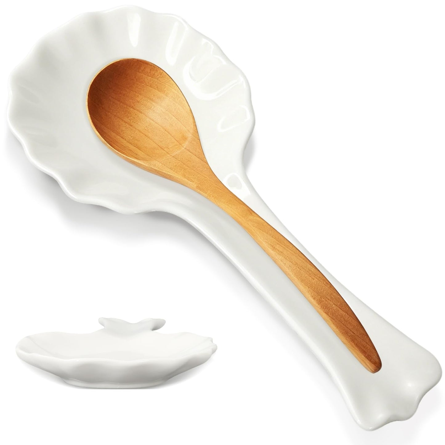 FYSUIMU 8.9 Inch Scalloped Edge Spoon Rest White Spoon Holder Minimalist Modern Ceramic Utensil Rest for Stove Top Farmhouse Kitchen Accessories