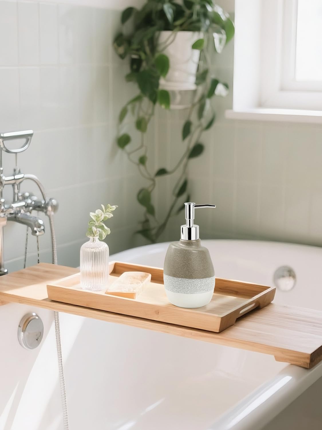 KERMANDO Ceramic Soap Dispenser – 16oz Refillable Lotion or Liquid Soap Bottle with Pump, Grey and White Speckled Glaze, Modern Ceramic Bathroom and Kitchen Countertop Accessory