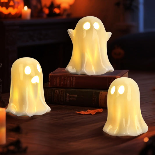 Ghost Halloween Decor - 3Pcs Ceramic Halloween Ghost Decorations Indoor, Light Up Glazed White Ghost Figurines Cute Ceramic Ghost Sculpture for Halloween Night Light Table Tray Decor
