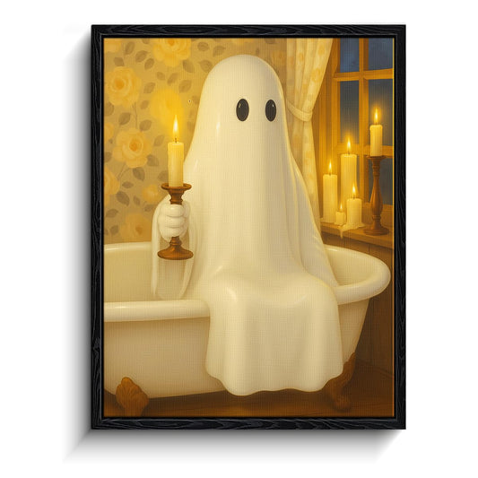 White ghost in clawfoot tub with candle, Rembrandt style ghost pictures wall decor, matte framed ghost wall art, Funny ghost pictures for bathroom, gift for Halloween, 8x10 inch