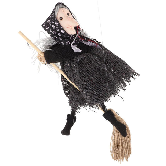 DIYEAH Halloween Witch Doll Decor with Broomstick for Indoor Outdoor Party Decoration, 9.44 Inch Grey Hanging Witch Figurine with Red Accents