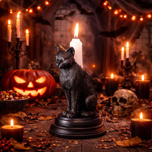 Gothic Black Cat Candle Holder Statue,Resin Cat Candlestick Holder,Halloween Gothic Tabletop Decor for Home,Dining Table & Party,Witchy Cat Figurine Gift (cat)