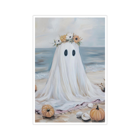 Coastal Halloween Wall Art Vintage Ghost Beach Poster Summerween Canvas Print for Living Room Bedroom Bathroom Nursery Holiday Decor 12x16in Unframed