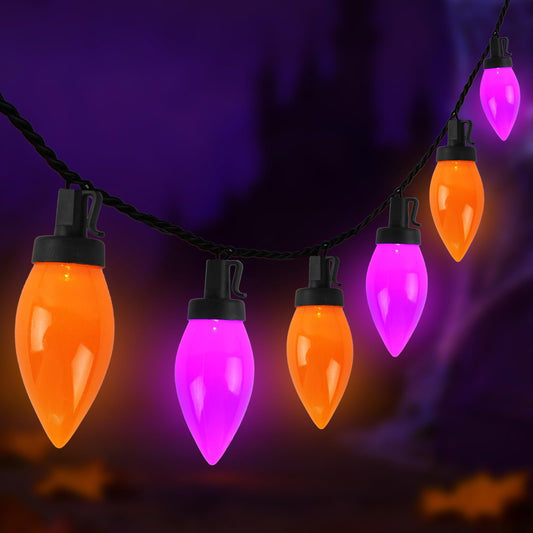 C9 Halloween String Lights Outdoor, 26.4Ft C9 Halloween Decorations with 50 LED Orange and Purple Lights, Extendable Hanging Plug in Christmas Night Lights for Party, Patio, Outside Yard, House Decor