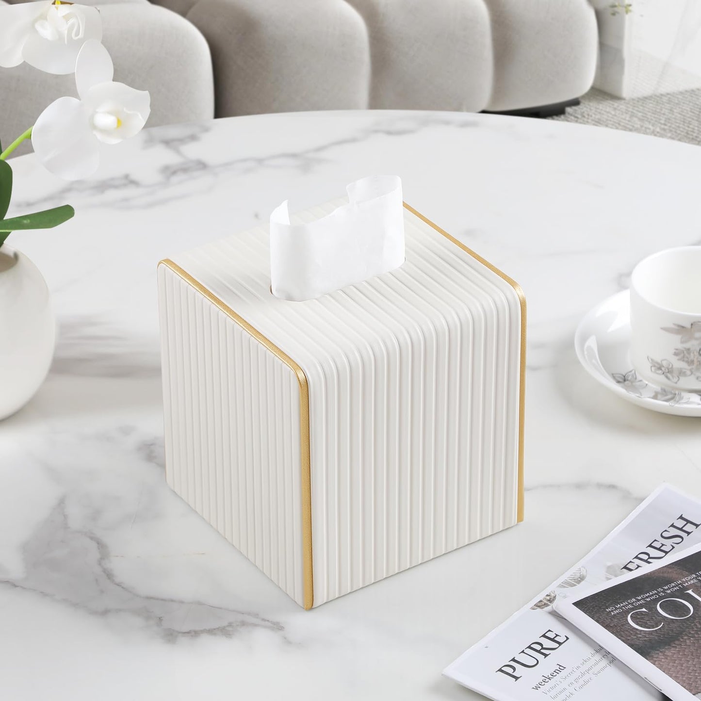 Square PU Leather Tissue Box Cover with Magnetic Closure, Decorative Tissue Holder & Storage Container for Bedroom, Living Room, Dining Room, Bathroom, Countertop, Desk & Office (White)