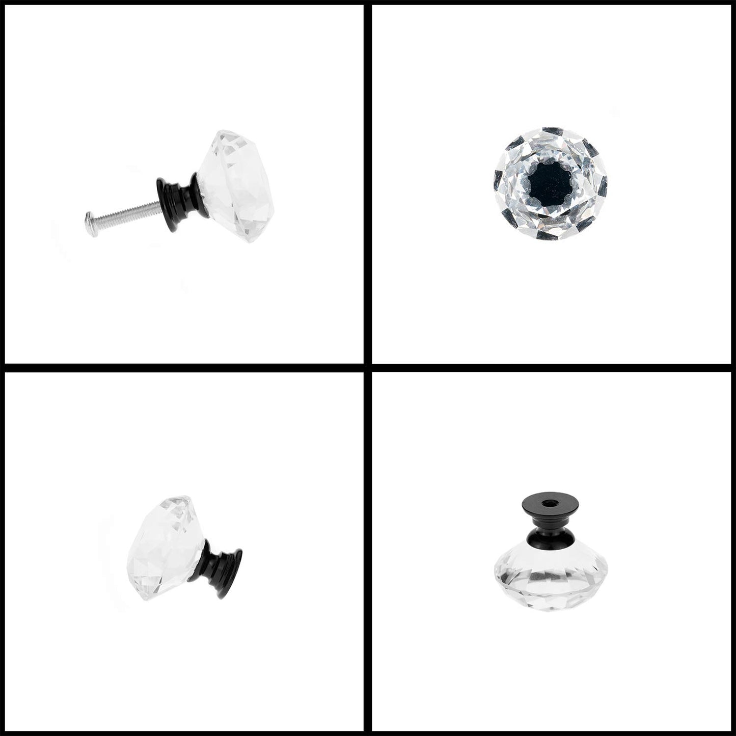 YourGift 12 Pack Drawer Knobs Diamond Shaped Crystal Glass 30mm Cabinet Knobs Pull Handles (Black)