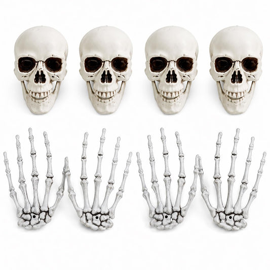 Sivlnian Halloween Skull Decorations Set, 8 Pack Skeleton Heads with Hands, 4.3 Inch Miniature Human Skull Heads, Spooky Haunted House Props for Halloween Party, Yard and Indoor Decorations, Plastic