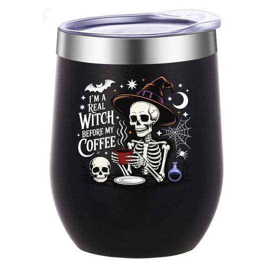 ATHAND Halloween Witch Wine Tumbler,12 Oz Insulated Stainless Steel Iced Coffee Tumbler with Lid,Funny Travel Coffee Mug Cup,Halloween Gothic Witchy Gift for Women Girls(Black)