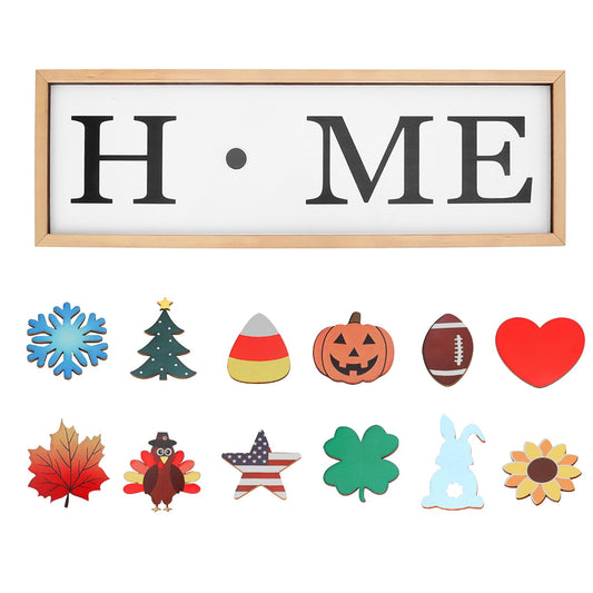 QPIXVB Interchangeable Seasonal Decor,Decorations for Home - Valentines St. Patrick‘s Day Easter July 4th Autumn Thanksgiving Christmas Decorations,Home Wooden Tabletop Sign with 12 PCS Seasonal Icons