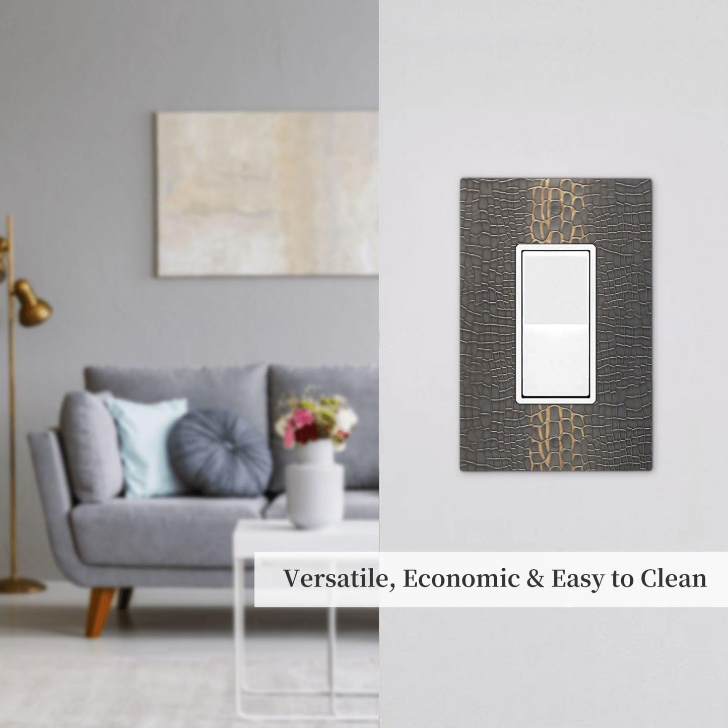 Faux Leather Crocodile Gray Gold Print Decorative Outlet Covers 1 Gang Single Rocker Light Switch Cover Plate Wall Plates GFCI Faceplate for Bedroom Home Decor