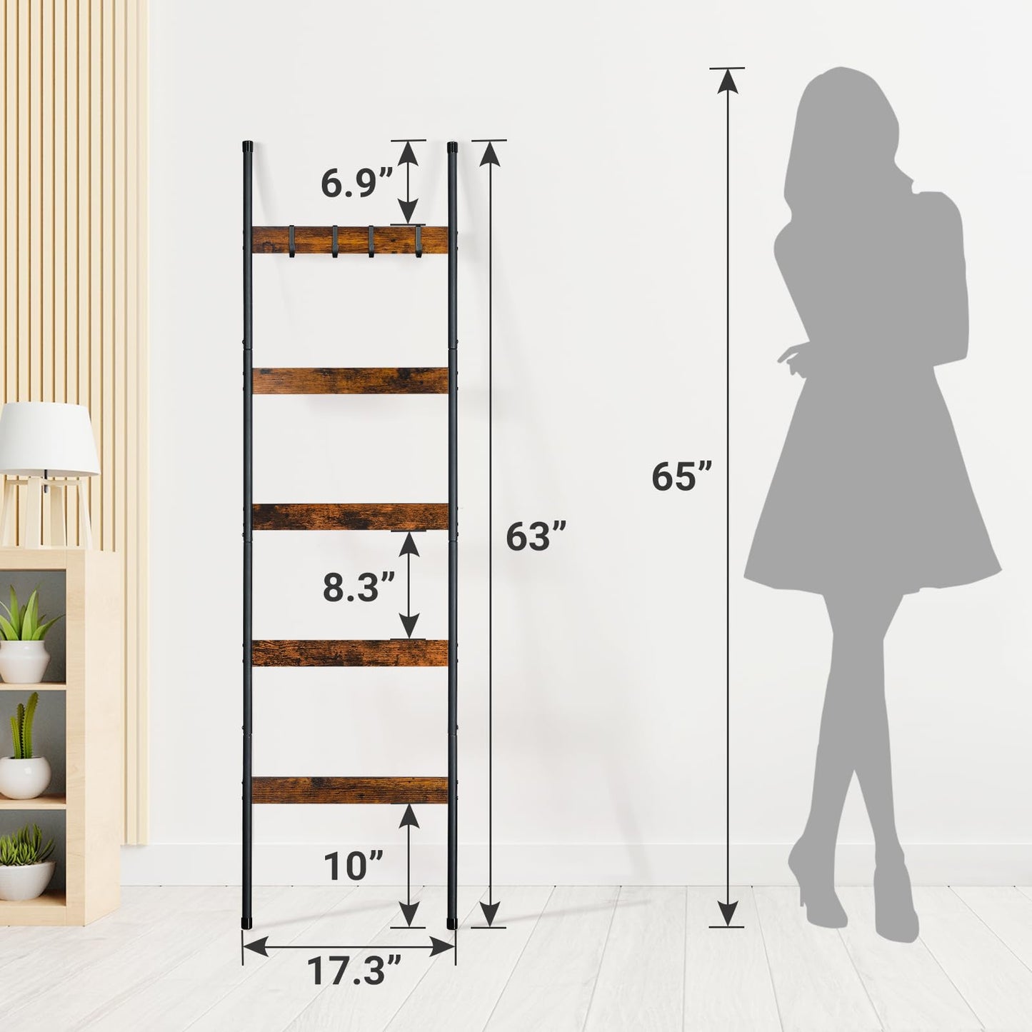 ELYKEN Blanket Ladder, 5-Tier Towel Rack, Wall-Leaning Quilt Holder