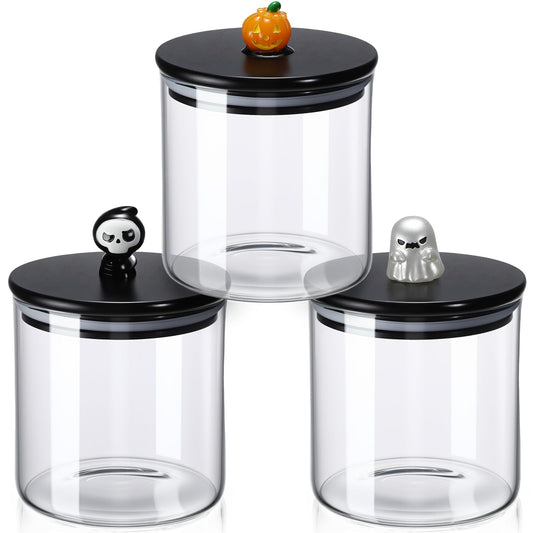 Chuangdi 22 oz Halloween Glass Jars with Bamboo Lid Set of 3 Ghost Grim Reaper Pumpkin Glass Storage Canister Halloween Decorations Indoor for Kitchen Tiered Tray Table Home Party Supplies