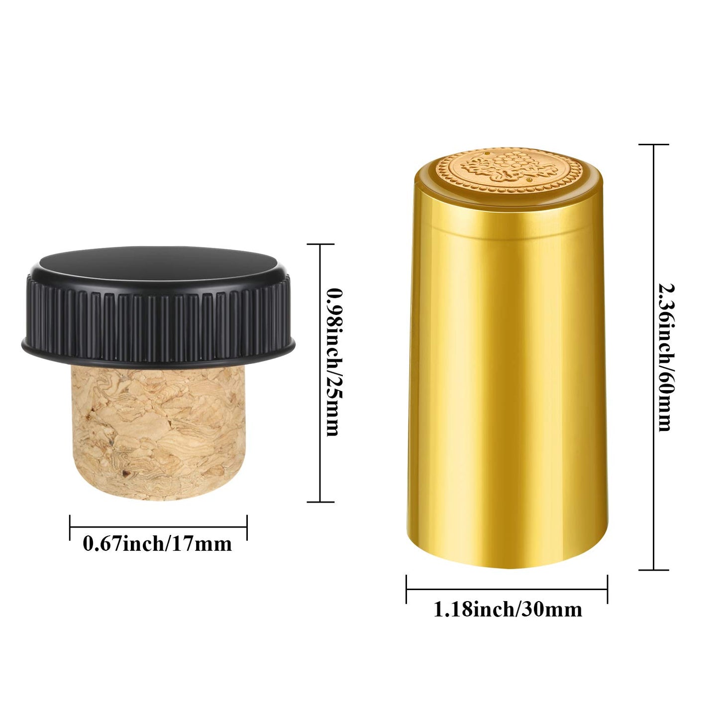 Blulu 100 Pack Wine Sealer for Wine Bottles, 50 Pcs Cork Stoppers and 50 Pcs PVC Heat Shrink Capsules Bottle Resealer Kit for Cruise Home Cellars Wedding Christmas Party(Gold, Black)