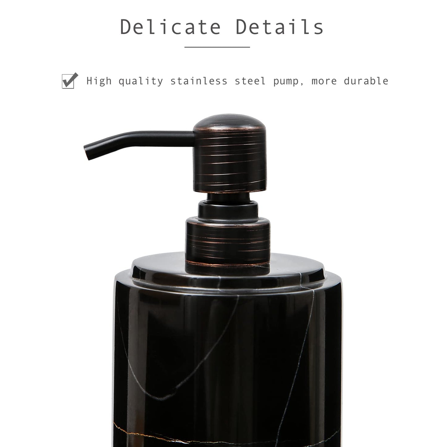 JIMEI Black Marble Soap Dispenser Hand or Dish for Bathroom & Kitchen - Decorative Natural Marble Stone Liquid Soap/Lotion Dispenser - Stainless Steel Soap Dispenser Easy-Glide Pump - Refillable