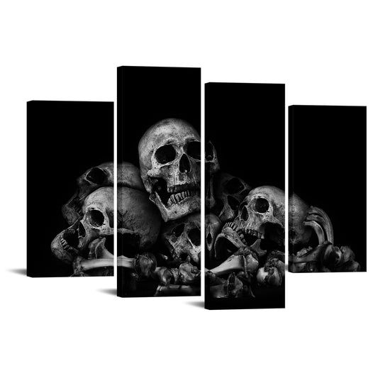 iKNOW FOTO Large 4-Panel 48x33 Black and White Skulls Canvas Wall Art - Abstract Halloween Day of Dead Skeleton Picture Print, Ready to Hang for Home Bedroom Decor