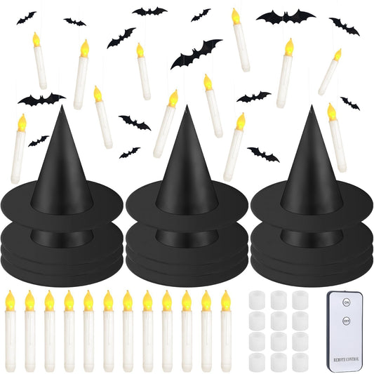 80 Pcs Halloween Hanging Witch Hats and Taper Floating Candles Set Includes 12 Witch Hats 12 LED Floating Candles Lights 56 3D Bats Wall Stickers for Halloween Decoration Front Porch Yard Decor