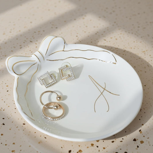 COLLECTIVE HOME Custom Initial Ceramic Jewelry Tray with Bow - Ring Holder & Earring Dish | Christmas Gift Idea for Women, Unique Birthday Present for Her (A)
