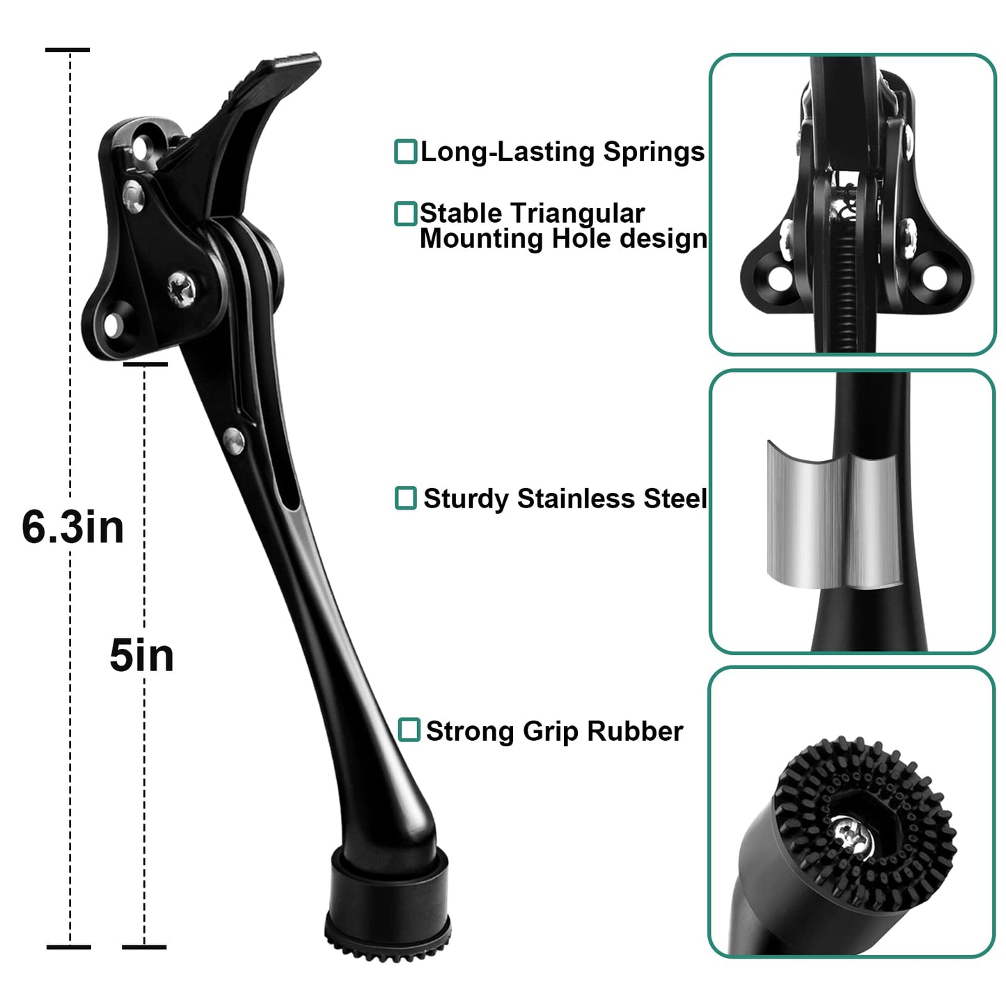 Door Stop, 6 Inch Kickdown Door Stopper with Non-Slip Rubber Tip, One Touch Heavy Duty Doorstop for Bottom Door, Adjustable Metal Door Holder, 2 Pack, Black