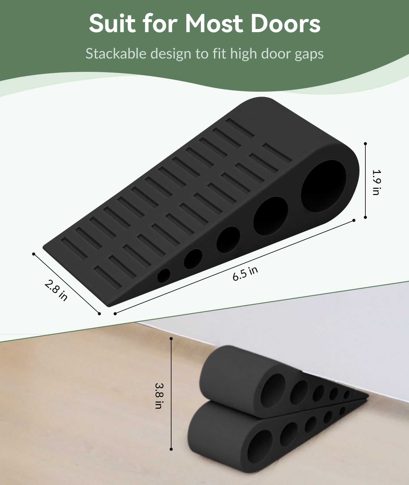 Optish 1.9 Inches Heavy Duty Door Stopper, 2 Pack Rubber Door Stop, Door Stoppers for Bottom of Door, Large Door Stopper Wedge for Home Office School (Black)