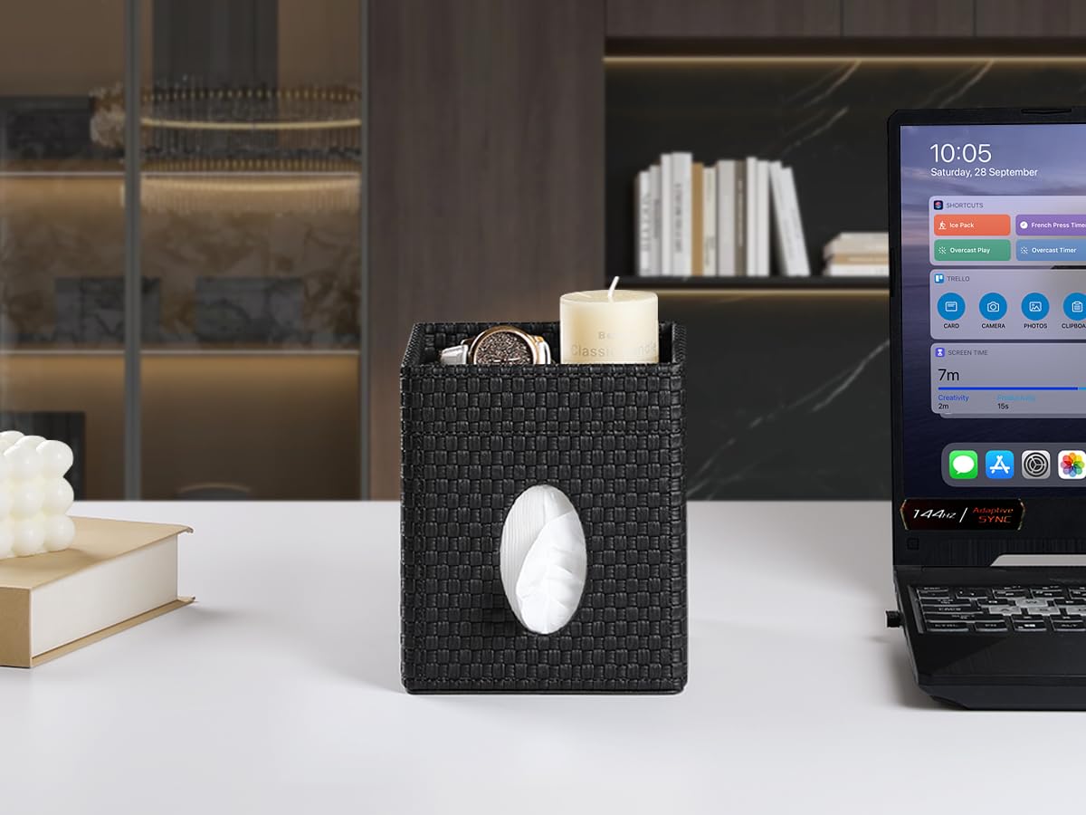 Square Tissue Box Cover, Stylish Leather Tissue Box Holder with Storage Tray, Decorative Tissue Rack Storage Box for Living Room, Bedroom, and Office Desk(Black Woven Pattern)