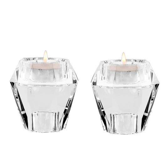 Marvala Crystal Candle Holders Pack of 2, Reversible Clear Tealight or Taper Candlesticks, Table Centerpiece Home Decor for Wedding, Dining, Party, Luxury Gift Set (Transparent)
