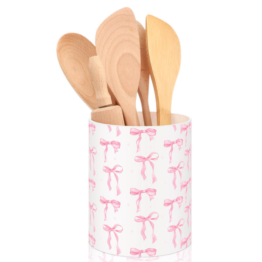 WILLBOND Pink Bow Utensil Holder Coquette Acrylic Kitchen Decor Cooking Utensil Crock Preppy Storage Caddy Organizer Vase Decor for Kitchen Countertop Spoon Holder Jar Housewarming Gift