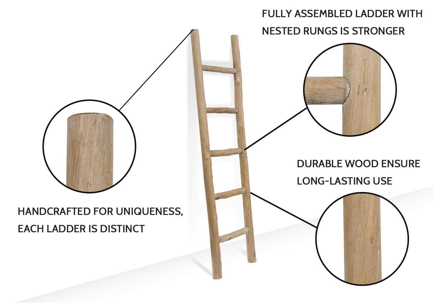 FUIN Fully Assembled 57in Wood Blanket Ladder Living Room Decorative Wall Leaning Farmhouse Quilt Display Holder Rustic Wooden Towel Rack for Bathroom