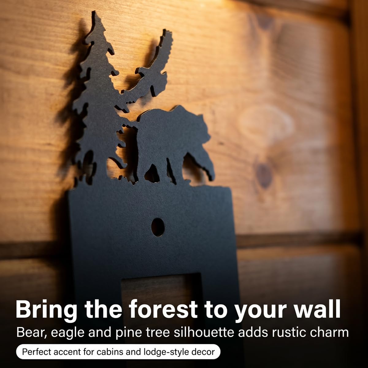 Eagle & Bear Light Switch Wall Plate, Single Rocker, Black Cabin Lodge Room