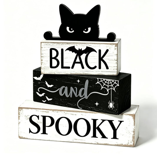 4 Pcs Halloween Table Decorations Black Cat Wooden Block Signs Black and Spooky Rustic Tiered Tray Decor Farmhouse Halloween Centerpiece with Bat & Spider Web for Home Kitchen Shelf Office Mantel Party Favors
