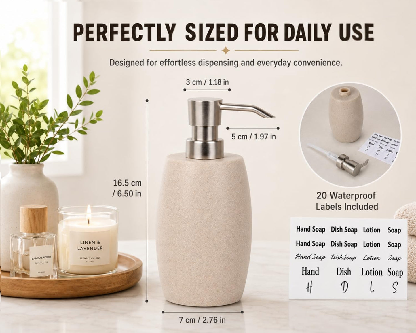 Clasin Home Sandstone Textured Resin Soap Dispenser with Metallic Pump and Waterproof Bottle Labels for Bathroom Kitchen Dish Hand Wash Shower Lotion Shampoo, 12 Oz, Beige