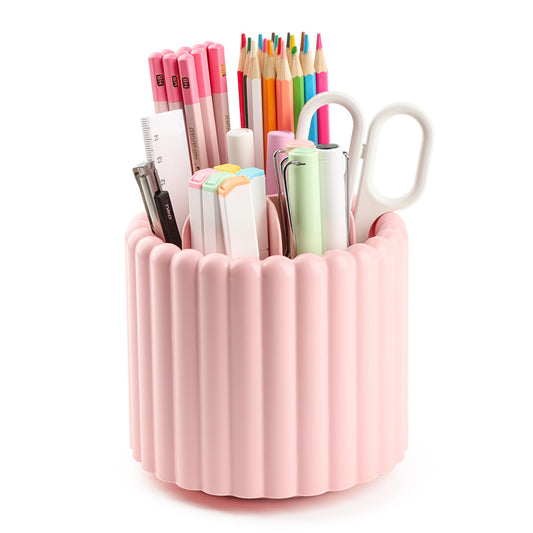 Sallurna Desk Organizer, 360° Rotating Pen Holder for Desk, Pencil Cup with 7 Compartments Storage Box Caddy for Kids, Office, School, Home (Pink)