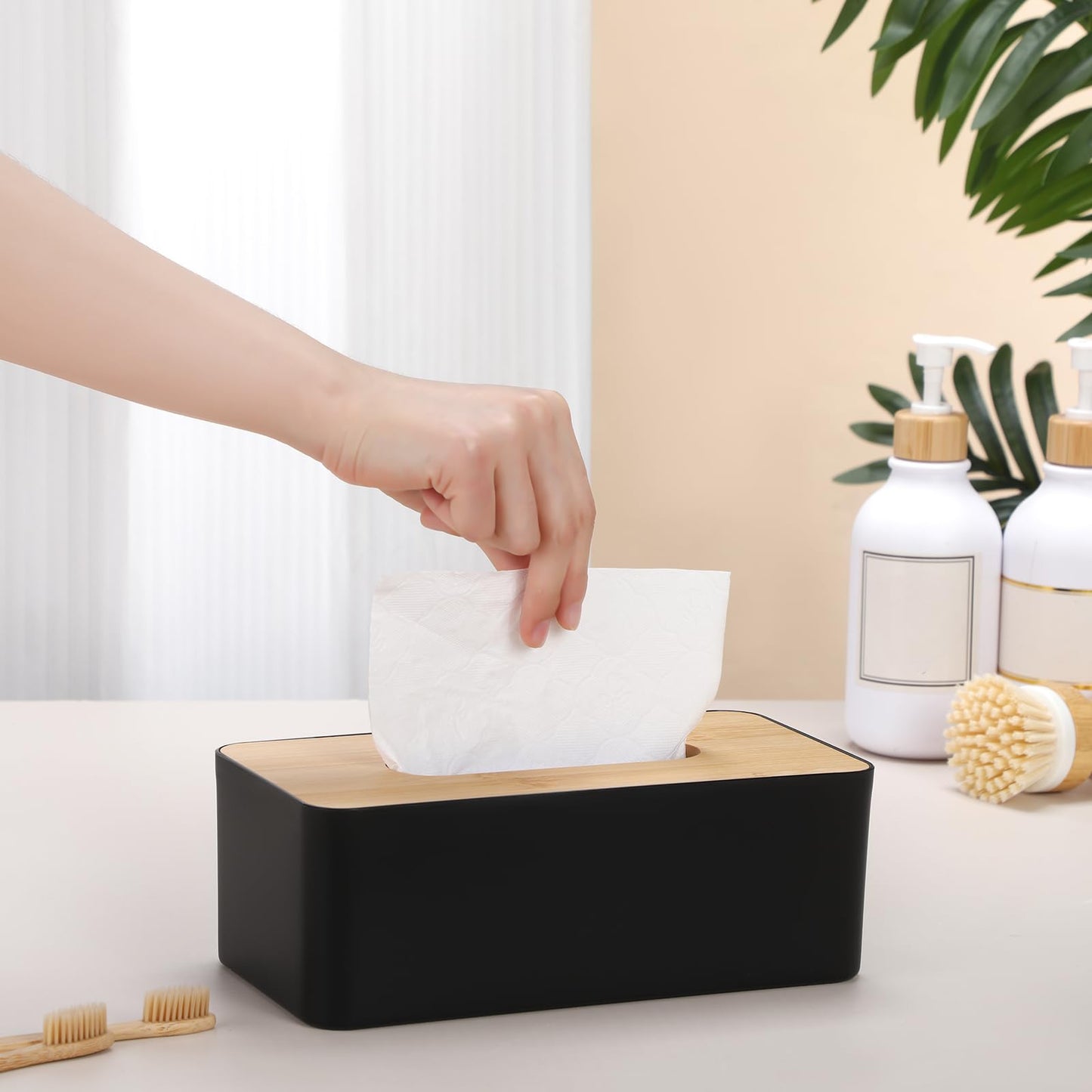 Teenyyou 2 Pcs Tissue Box Cover Square Plastic Tissue Holders 5x9 Inch Holder Wood Cover Plate for Bathrooms, Kitchen, Office, Home, Bedroom Dresser, Countertop(Black)