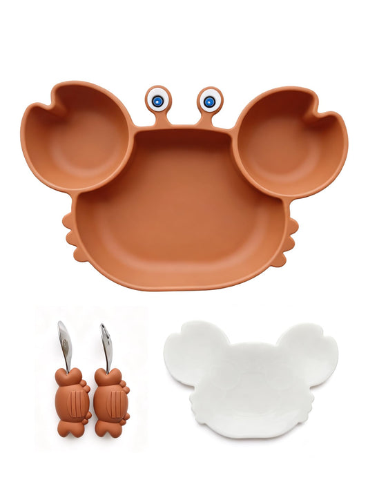 Magemata Crab-Shaped Meal Tray with Suction Base & Lid - 7.4"x7.4"x1.5"Adult Bento Box, Food-Grade Silicone, 3-Compartment Plate with Spoon & Fork for Office, Picnic, Party (Pumpkin Brown)