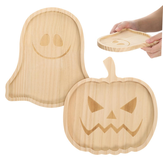 JECOMPRIS Halloween Wooden Pumpkin Tray and Ghost Snack Serving Dish 7.5 Inch Food Plate for Party Home Decor and Entertaining