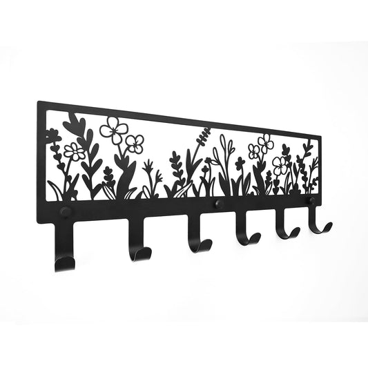 MUYUSEN Floral Wall Mounted Coat Rack with 6 Hooks Decorative Black Metal Hanger for Coats, Hats, Bags, Keys,Towels - Ideal for Hallway, Bathroom, Kitchen, Office (15.55x5.98x1.22 Inches)