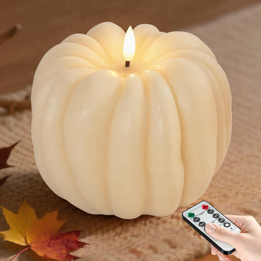 Flameless Pumpkin Candles with Timer - Fall Home Decor Indoor, LED Light Up Pumpkins for Mantel Table | Flameless Candle Thanksgiving Fall Decoration, Autumn Farmhouse Rustic Harvest Decor (White)