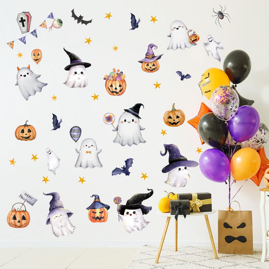 Halloween Wall Decals Cute Ghost Pumpkin Wall Stickers Halloween Party Decorations Peel and Stick Removable Vinyl Wall Art for Bedroom