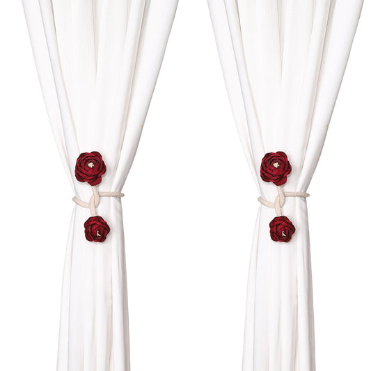SUQ I OME 2 Pieces Handmade Artificial Christmas Red Flower Curtain Holdbacks,Curtain Tiebacks Clips Creative Window Drape Twist Tie Backs for Christmas Decorative Draperies Holdbacks (Wine Red)