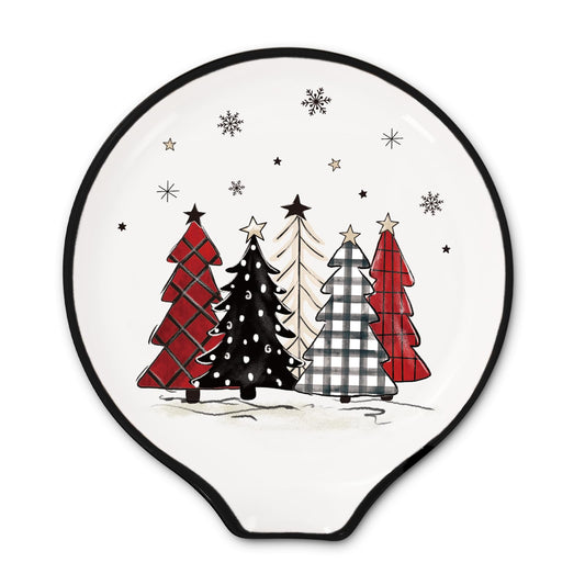 JarThenaAMCS 4.7inch Christmas Ceramic Spoon Rest Plaid Xmas Tree Star Snowflake Small Coffee Spoon Holder for Winter Xmas Coffee Stirrers Teaspoon Bar Coffee Station Accessories