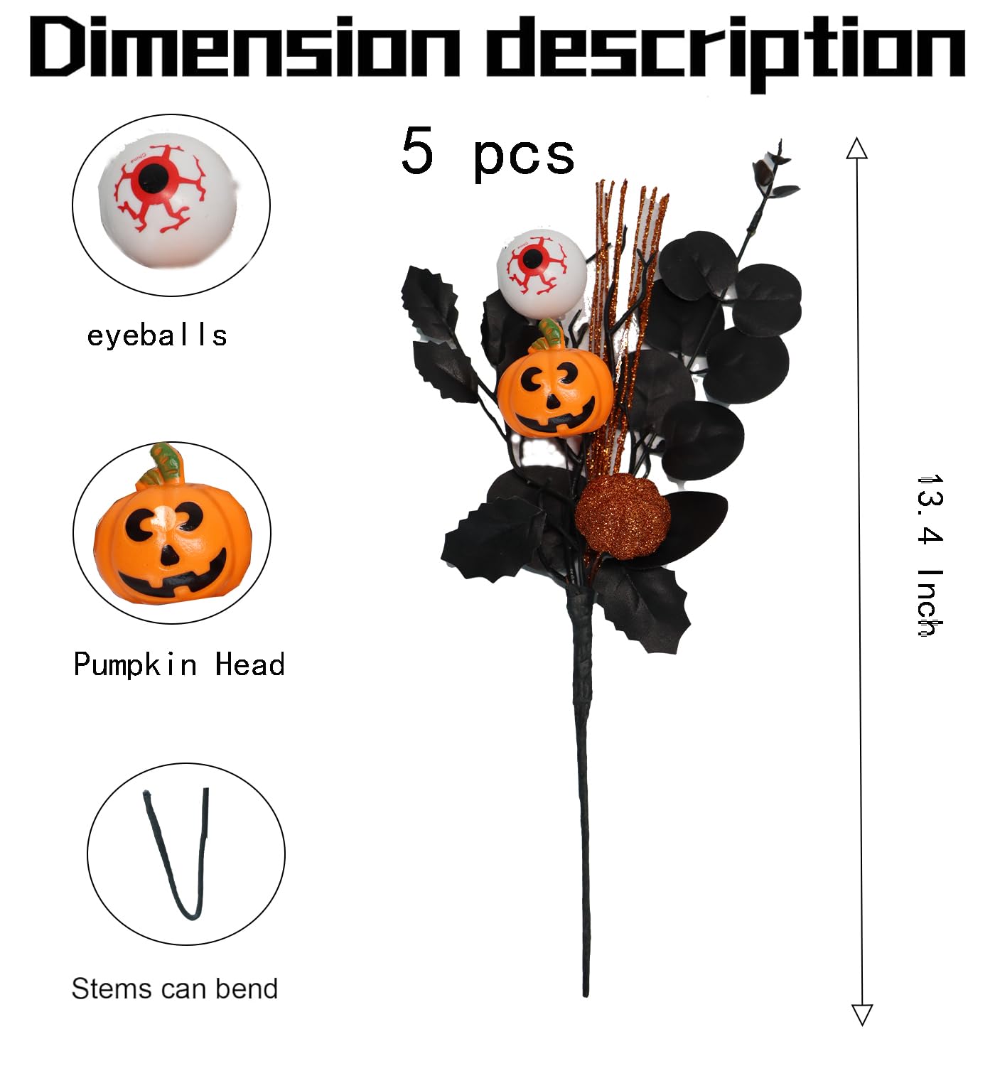 YLEALTH 5PCS Artificial Halloween Flowers,13.4 Inch Artificial Pumpkin Maple Leaf Floral Stems Branches &Eyeball Halloween Decoration for Indoor Home Farmhouse Party Table Vase Décor