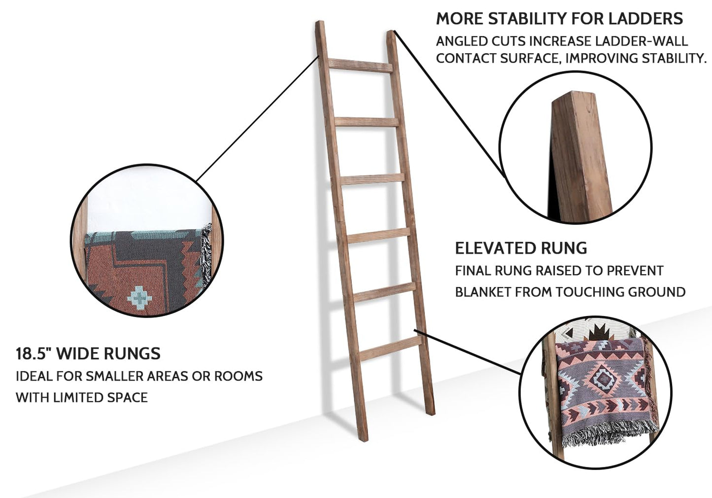 FUIN 6.4ft Extra Wide Wooden Blanket Ladder Living Room Decorative Wal Leaning Farmhouse Quilt Display Holder Rustic Wood Towel Rack for Bathroom, Burnt Brown, 18.5 inch Wide