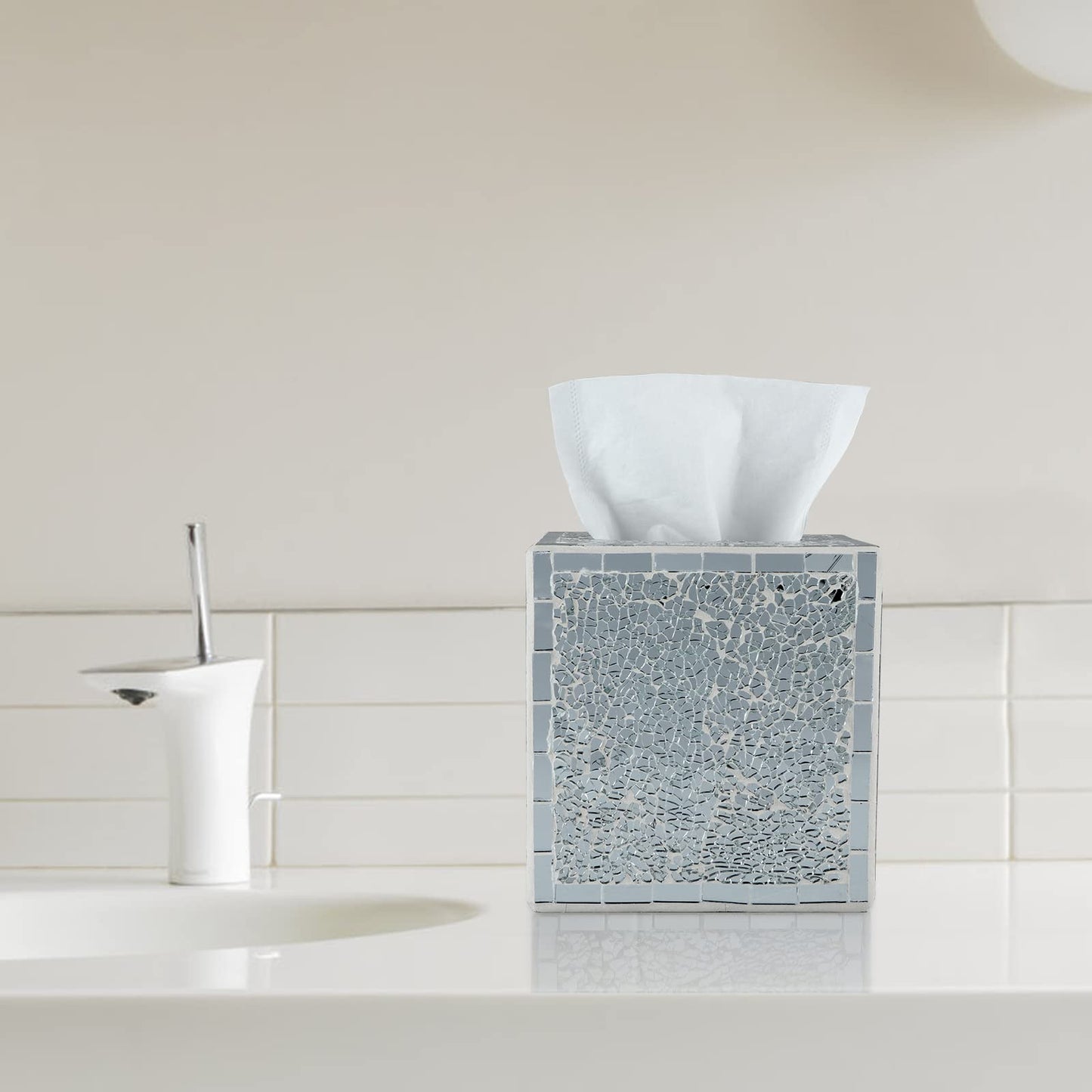 MDLUU Mosaic Glass Tissue Box Holder, Decorative Tissue Box Cover, Square Tissue Dispenser for Bathroom, Bedroom, Living Room (Silver)