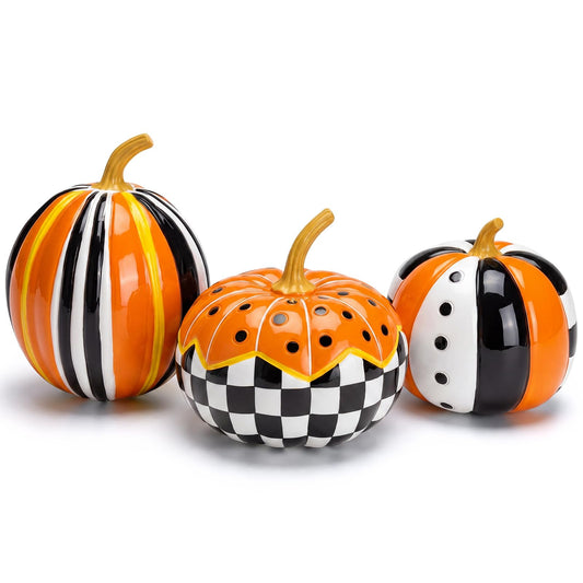Vicenpal 3 Pcs Fall Decorative Pumpkins for Table Centerpieces Modern Color Block Checkered Pumpkin Autumn Halloween Farmhouse Home Decor, Resin