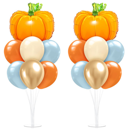 Seematn 2 Set Fall Balloon, Pumpkin Foil Balloons Stand Kit for Table Centerpiece for Baby Shower Thanksgiving Mid Autumn Birthday Wedding Party Decoration Beige, Gold, Burnt Orange, Blue