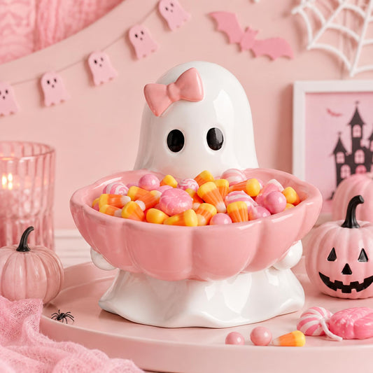 Reallnaive Halloween Candy Bowl Pink Bow Ghost Shaped Ceramic Candy Dish Ghost Serving Tray Cute Halloween Tabletop Decoration Cookie Jar for Party Supply