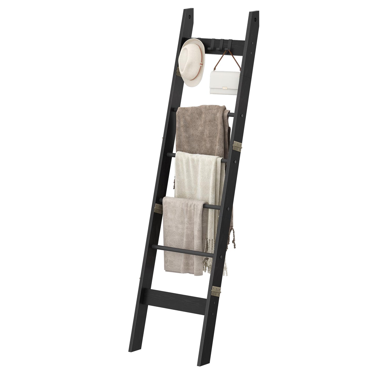 Hzuaneri Blanket Ladder for Living Room, Decorative Quilt Rack with 4 Removable Hooks, 6-Tier Farmhouse Ladder Holder Shelf Organizer for Bedroom, Black BR31504B