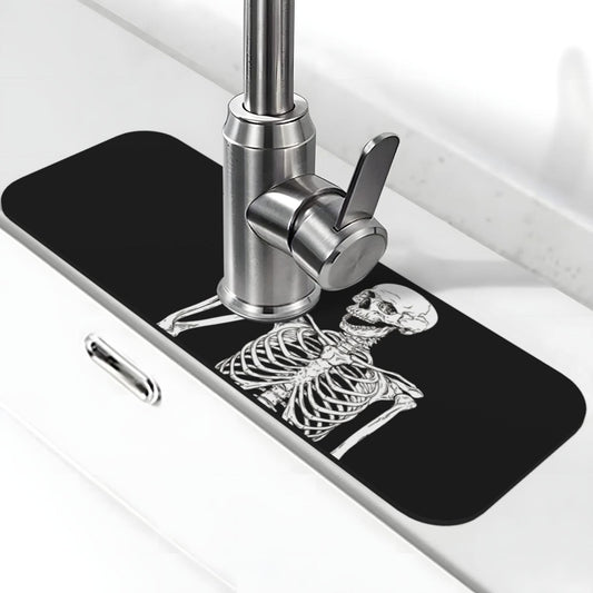 Black Funny Skull Human Skeleton Halloween Kitchen Sink Splash Guard Faucet Mat Super Absorbent Fast Drying Mat Sink Gadgets-Fast Drying Pad Sink Mat For Kitchen Bathroom (15" X 5.5" )