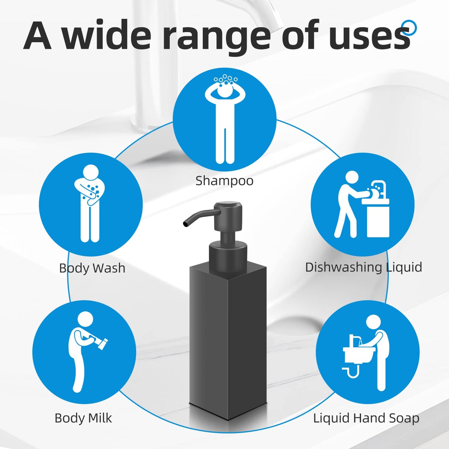 GLUBEE Black Soap Dispenser, Matte Black Stainless Steel, Rust-Proof Liquid Hand Dish Dispenser for Bathroom & Kitchen, 8.5 Oz Refillable Countertop Lotion Bottle (Square)
