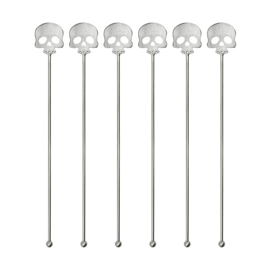Pinenjoy 6Pcs Skull Swizzle Sticks 8.7inch Coffee Stirrers Reuseable 18/10(304) Stainless Steel Beverage Cocktail Stirrer for Bar Halloween Party Mixing Drinks